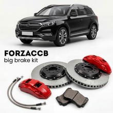Black BYD Tang I (2015-2018) shown above a ForzaCCB iron rotor big brake kit with 2x red 6-piston front calipers, 2x two-piece floating ventilated brake discs 380 mm, set of brake pads, and brake lines.
