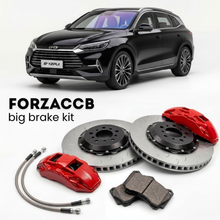 Black BYD Yuan Plus facelift 2025 (2025+) shown above a ForzaCCB iron rotor big brake kit with 2x red 6-piston front calipers, 2x two-piece floating ventilated brake discs 380 mm, set of brake pads, and brake lines.
