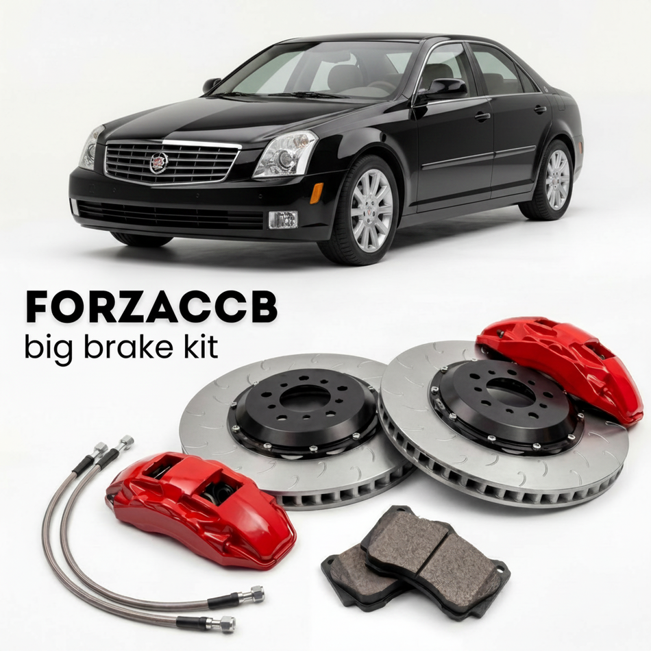 Black Cadillac BLS (2006-2010) shown above a ForzaCCB iron rotor big brake kit with 2x red 6-piston front calipers, 2x two-piece floating ventilated brake discs 380 mm, set of brake pads, and brake lines.