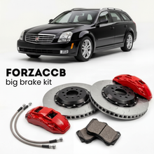 Black Cadillac BLS Wagon (2007-2009) shown above a ForzaCCB iron rotor big brake kit with 2x red 6-piston front calipers, 2x two-piece floating ventilated brake discs 380 mm, set of brake pads, and brake lines.
