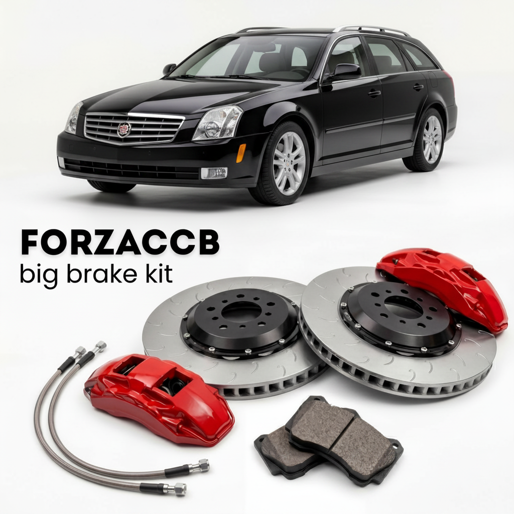 Black Cadillac BLS Wagon (2007-2009) shown above a ForzaCCB iron rotor big brake kit with 2x red 6-piston front calipers, 2x two-piece floating ventilated brake discs 380 mm, set of brake pads, and brake lines.