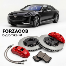 Black Cadillac CELESTIQ (2024+) shown above a ForzaCCB iron rotor big brake kit with 2x red 6-piston front calipers, 2x two-piece floating ventilated brake discs 380 mm, set of brake pads, and brake lines.