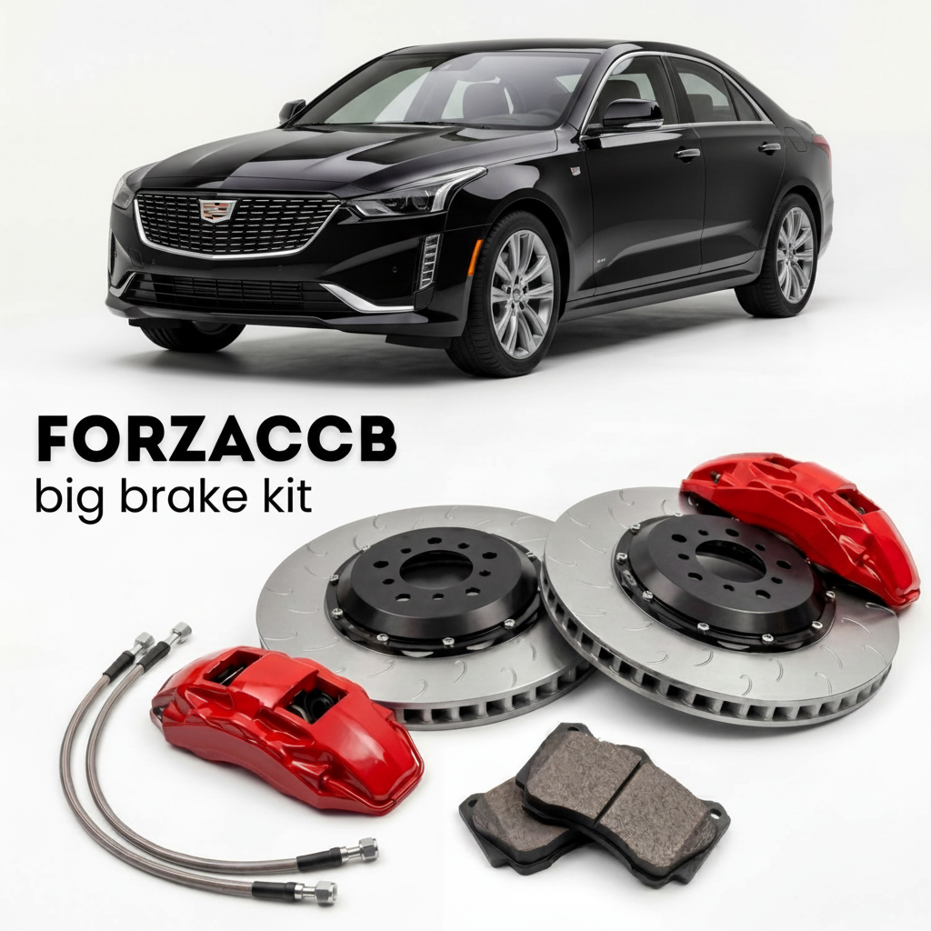Black Cadillac CT4 (2019+) shown above a ForzaCCB iron rotor big brake kit with 2x red 6-piston front calipers, 2x two-piece floating ventilated brake discs 380 mm, set of brake pads, and brake lines.