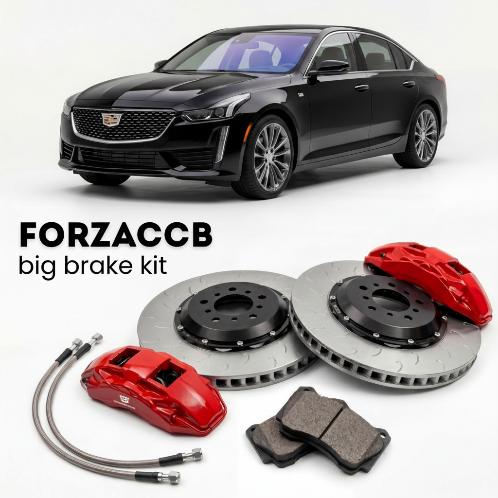 Black Cadillac CT5 (2019-2024) shown above a ForzaCCB iron rotor big brake kit with 2x red 6-piston front calipers, 2x two-piece floating ventilated brake discs 380 mm, set of brake pads, and brake lines.