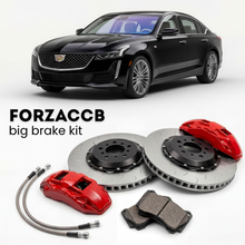 Black Cadillac CT5 facelift 2024 (2024+) shown above a ForzaCCB iron rotor big brake kit with 2x red 6-piston front calipers, 2x two-piece floating ventilated brake discs 380 mm, set of brake pads, and brake lines.