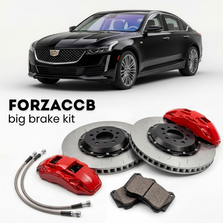 Black Cadillac CT5 facelift 2024 (2024+) shown above a ForzaCCB iron rotor big brake kit with 2x red 6-piston front calipers, 2x two-piece floating ventilated brake discs 380 mm, set of brake pads, and brake lines.