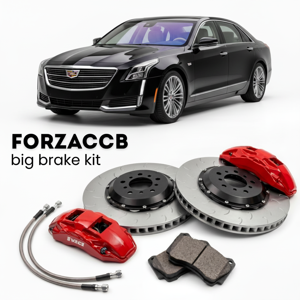Black Cadillac CT6 I (2016-2019) shown above a ForzaCCB iron rotor big brake kit with 2x red 6-piston front calipers, 2x two-piece floating ventilated brake discs 380 mm, set of brake pads, and brake lines.