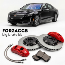 Black Cadillac CT6 facelift 2019) (2019-2023 (I) shown above a ForzaCCB iron rotor big brake kit with 2x red 6-piston front calipers, 2x two-piece floating ventilated brake discs 380 mm, set of brake pads, and brake lines.