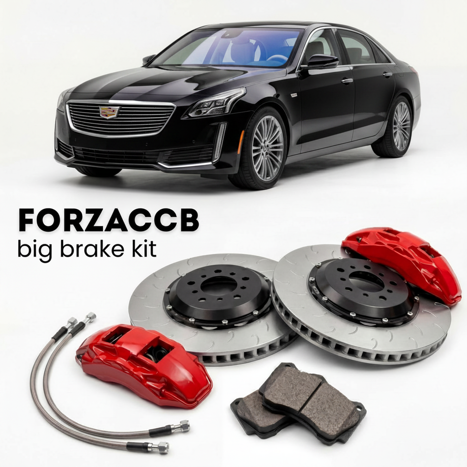 Black Cadillac CT6 facelift 2019) (2019-2023 (I) shown above a ForzaCCB iron rotor big brake kit with 2x red 6-piston front calipers, 2x two-piece floating ventilated brake discs 380 mm, set of brake pads, and brake lines.