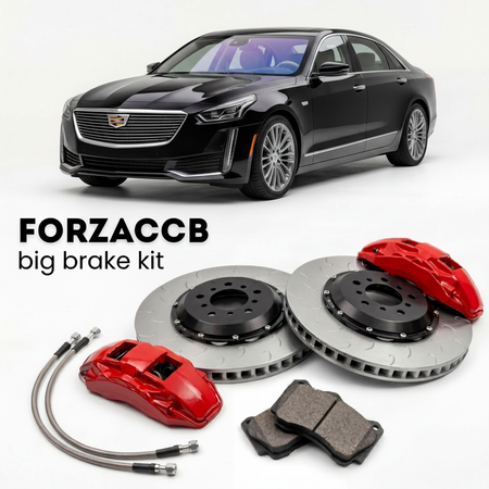 Black Cadillac CT6 II (2023+) shown above a ForzaCCB iron rotor big brake kit with 2x red 6-piston front calipers, 2x two-piece floating ventilated brake discs 380 mm, set of brake pads, and brake lines.