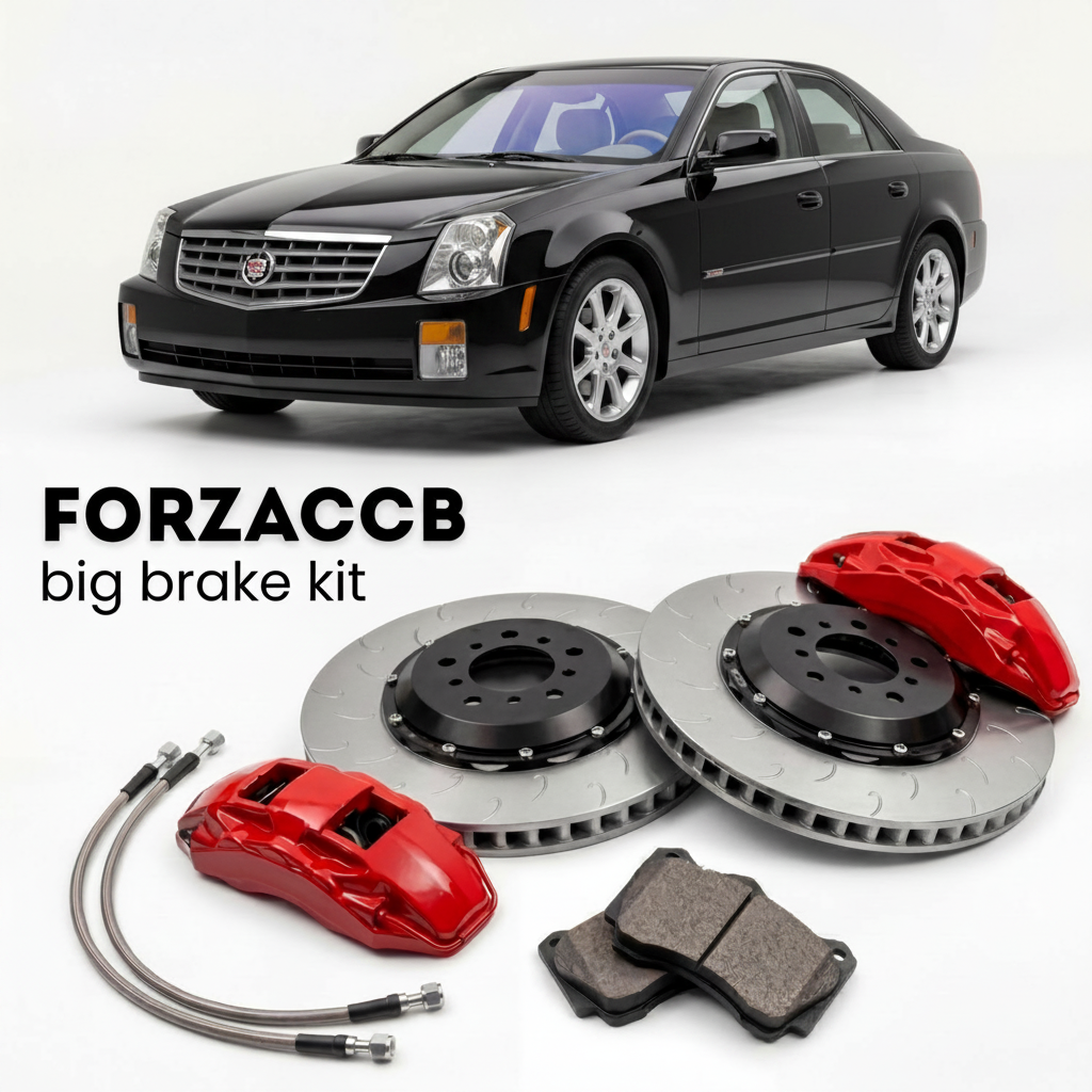 Black Cadillac CTS I (2005-2007) shown above a ForzaCCB iron rotor big brake kit with 2x red 6-piston front calipers, 2x two-piece floating ventilated brake discs 380 mm, set of brake pads, and brake lines.