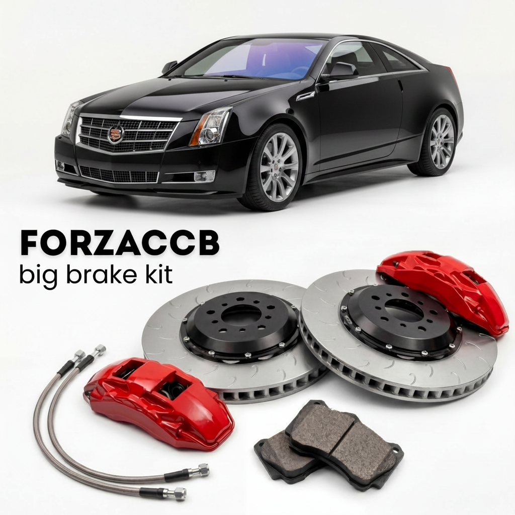 Black Cadillac CTS II Coupe (2011-2014) shown above a ForzaCCB iron rotor big brake kit with 2x red 6-piston front calipers, 2x two-piece floating ventilated brake discs 380 mm, set of brake pads, and brake lines.