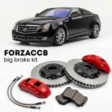 Black Cadillac CTS II Coupe (2011-2014) shown above a ForzaCCB iron rotor big brake kit with 2x red 6-piston front calipers, 2x two-piece floating ventilated brake discs 380 mm, set of brake pads, and brake lines.
