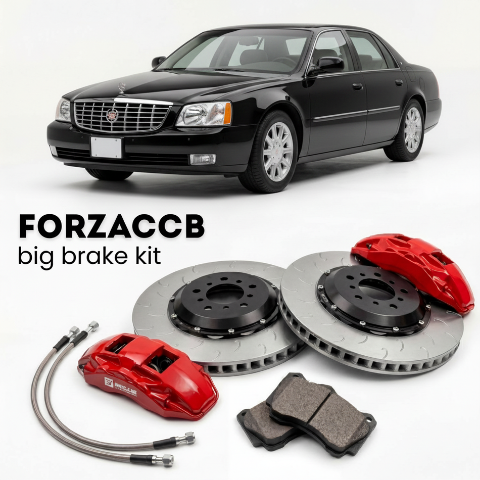 Black Cadillac DeVille EL12 (2005-2006) shown above a ForzaCCB iron rotor big brake kit with 2x red 6-piston front calipers, 2x two-piece floating ventilated brake discs 380 mm, set of brake pads, and brake lines.