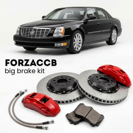 Black Cadillac DTS (2006-2011) shown above a ForzaCCB iron rotor big brake kit with 2x red 6-piston front calipers, 2x two-piece floating ventilated brake discs 380 mm, set of brake pads, and brake lines.