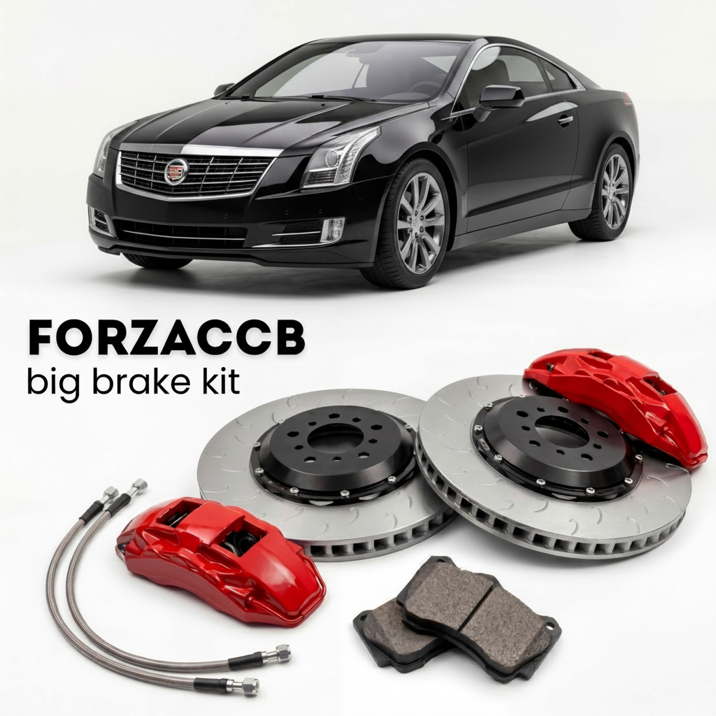 Black Cadillac ELR (2014-2016) shown above a ForzaCCB iron rotor big brake kit with 2x red 6-piston front calipers, 2x two-piece floating ventilated brake discs 380 mm, set of brake pads, and brake lines.