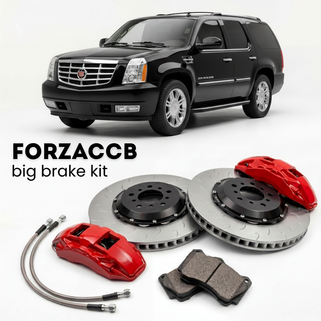 Black Cadillac Escalade II (2005-2006) shown above a ForzaCCB iron rotor big brake kit with 2x red 6-piston front calipers, 2x two-piece floating ventilated brake discs 380 mm, set of brake pads, and brake lines.