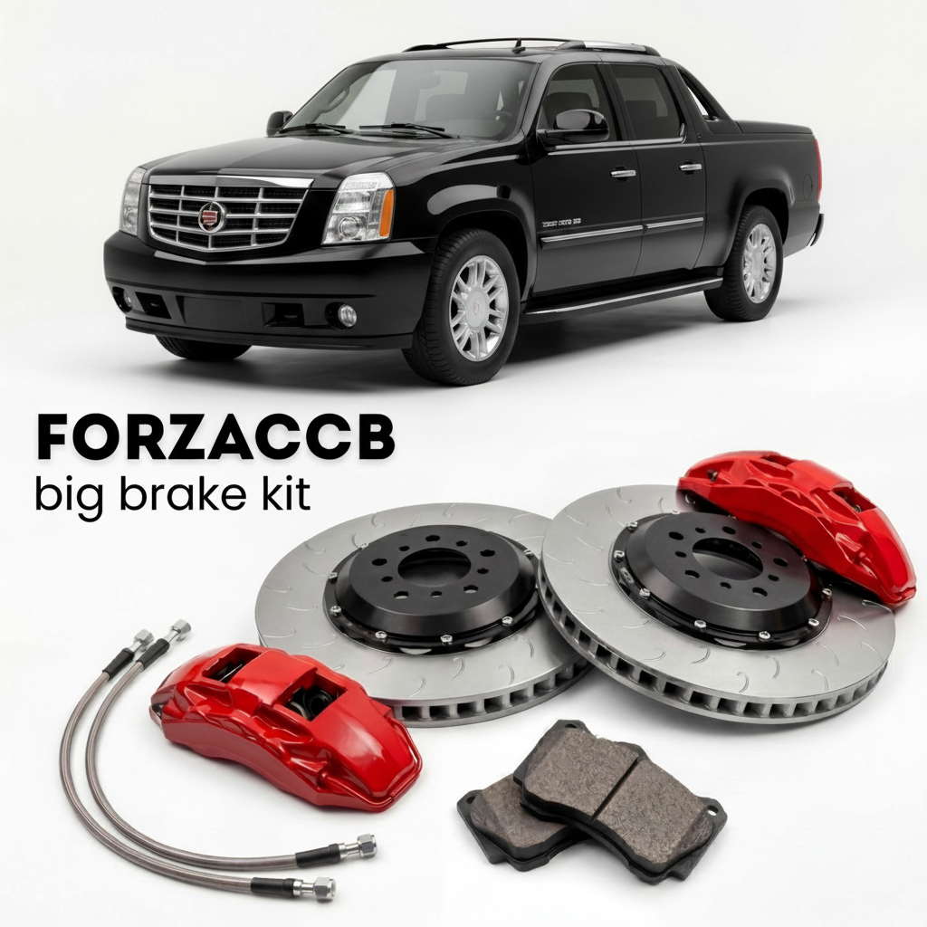 Black Cadillac Escalade II EXT (2005-2006) shown above a ForzaCCB iron rotor big brake kit with 2x red 6-piston front calipers, 2x two-piece floating ventilated brake discs 380 mm, set of brake pads, and brake lines.