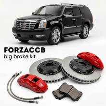 Black Cadillac Escalade III (2007-2014) shown above a ForzaCCB iron rotor big brake kit with 2x red 6-piston front calipers, 2x two-piece floating ventilated brake discs 380 mm, set of brake pads, and brake lines.