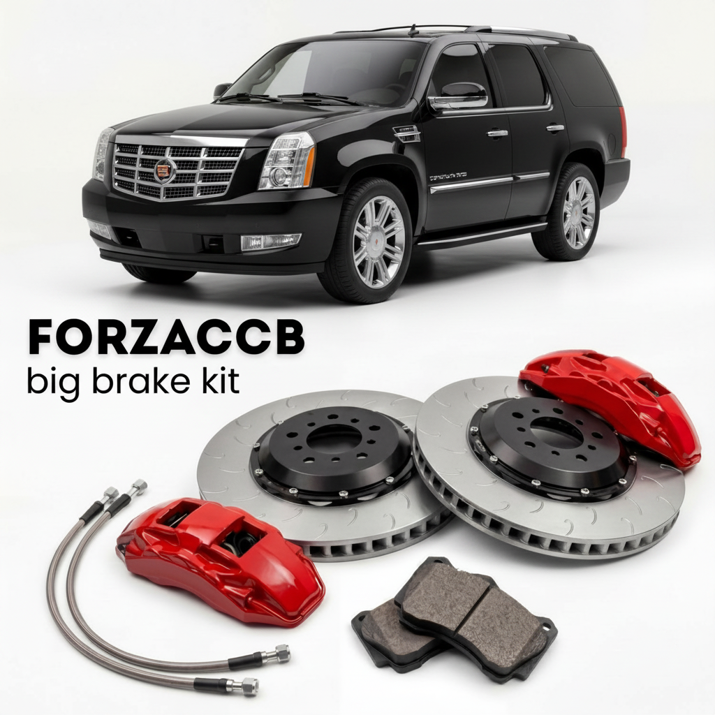 Black Cadillac Escalade III (2007-2014) shown above a ForzaCCB iron rotor big brake kit with 2x red 6-piston front calipers, 2x two-piece floating ventilated brake discs 380 mm, set of brake pads, and brake lines.