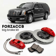 Black Cadillac Escalade III EXT (2007-2013) shown above a ForzaCCB iron rotor big brake kit with 2x red 6-piston front calipers, 2x two-piece floating ventilated brake discs 380 mm, set of brake pads, and brake lines.