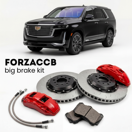 Black Cadillac Escalade IQ (2024+) shown above a ForzaCCB iron rotor big brake kit with 2x red 6-piston front calipers, 2x two-piece floating ventilated brake discs 380 mm, set of brake pads, and brake lines.