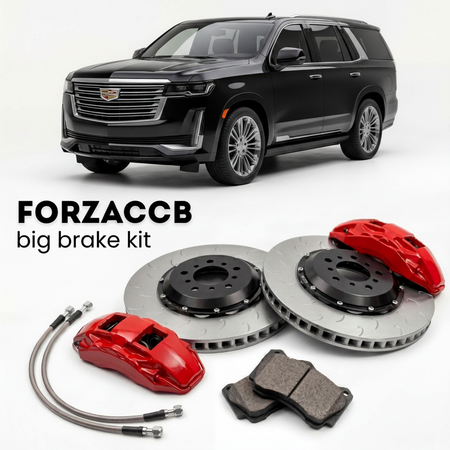 Black Cadillac Escalade IQL (2025+) shown above a ForzaCCB iron rotor big brake kit with 2x red 6-piston front calipers, 2x two-piece floating ventilated brake discs 380 mm, set of brake pads, and brake lines.