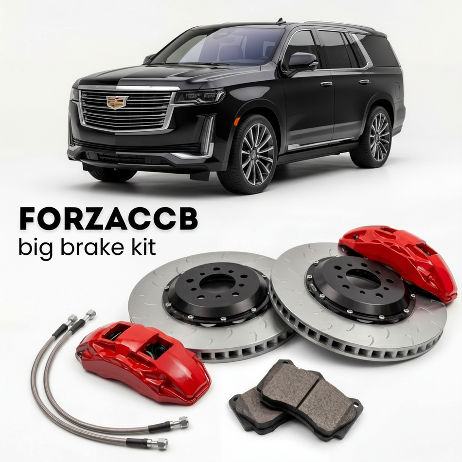 Black Cadillac Escalade facelift 2024) (2024+ (V ESV) shown above a ForzaCCB iron rotor big brake kit with 2x red 6-piston front calipers, 2x two-piece floating ventilated brake discs 380 mm, set of brake pads, and brake lines.