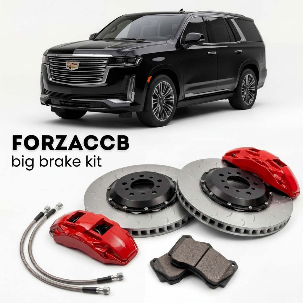 Black Cadillac Escalade facelift 2024) (2024+ (V) shown above a ForzaCCB iron rotor big brake kit with 2x red 6-piston front calipers, 2x two-piece floating ventilated brake discs 380 mm, set of brake pads, and brake lines.