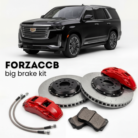 Black Cadillac Escalade facelift 2024) (2024+ (V) shown above a ForzaCCB iron rotor big brake kit with 2x red 6-piston front calipers, 2x two-piece floating ventilated brake discs 380 mm, set of brake pads, and brake lines.