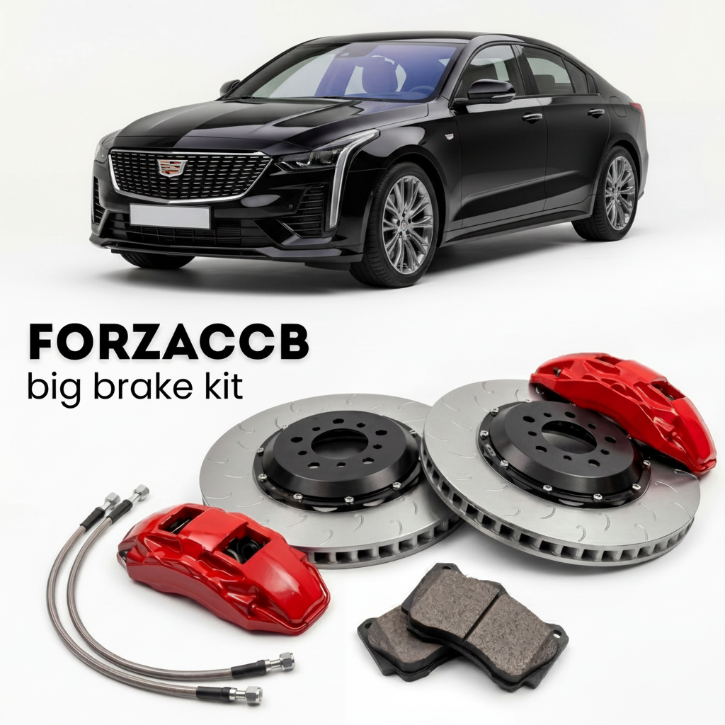 Black Cadillac GT4 (2023+) shown above a ForzaCCB iron rotor big brake kit with 2x red 6-piston front calipers, 2x two-piece floating ventilated brake discs 380 mm, set of brake pads, and brake lines.