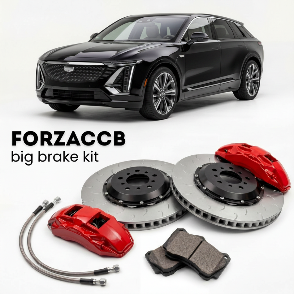 Black Cadillac LYRIQ (2022+) shown above a ForzaCCB iron rotor big brake kit with 2x red 6-piston front calipers, 2x two-piece floating ventilated brake discs 380 mm, set of brake pads, and brake lines.