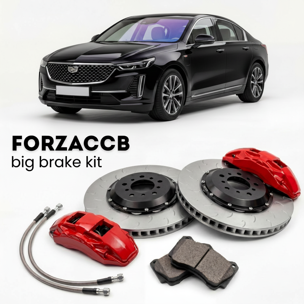Black Cadillac OPTIQ (2024+) shown above a ForzaCCB iron rotor big brake kit with 2x red 6-piston front calipers, 2x two-piece floating ventilated brake discs 380 mm, set of brake pads, and brake lines.