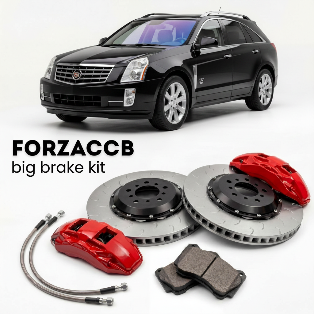 Black Cadillac SRX (2005-2009) shown above a ForzaCCB iron rotor big brake kit with 2x red 6-piston front calipers, 2x two-piece floating ventilated brake discs 380 mm, set of brake pads, and brake lines.