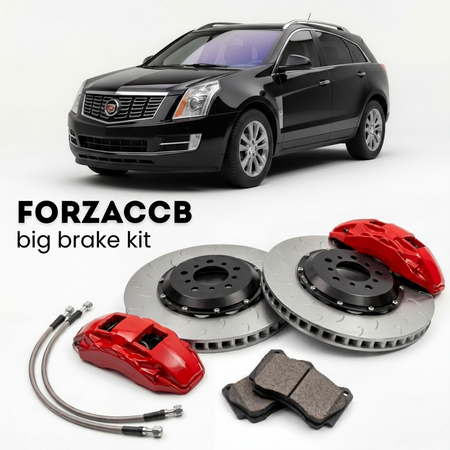 Black Cadillac SRX facelift, 2013) (2013-2016 (II) shown above a ForzaCCB iron rotor big brake kit with 2x red 6-piston front calipers, 2x two-piece floating ventilated brake discs 380 mm, set of brake pads, and brake lines.