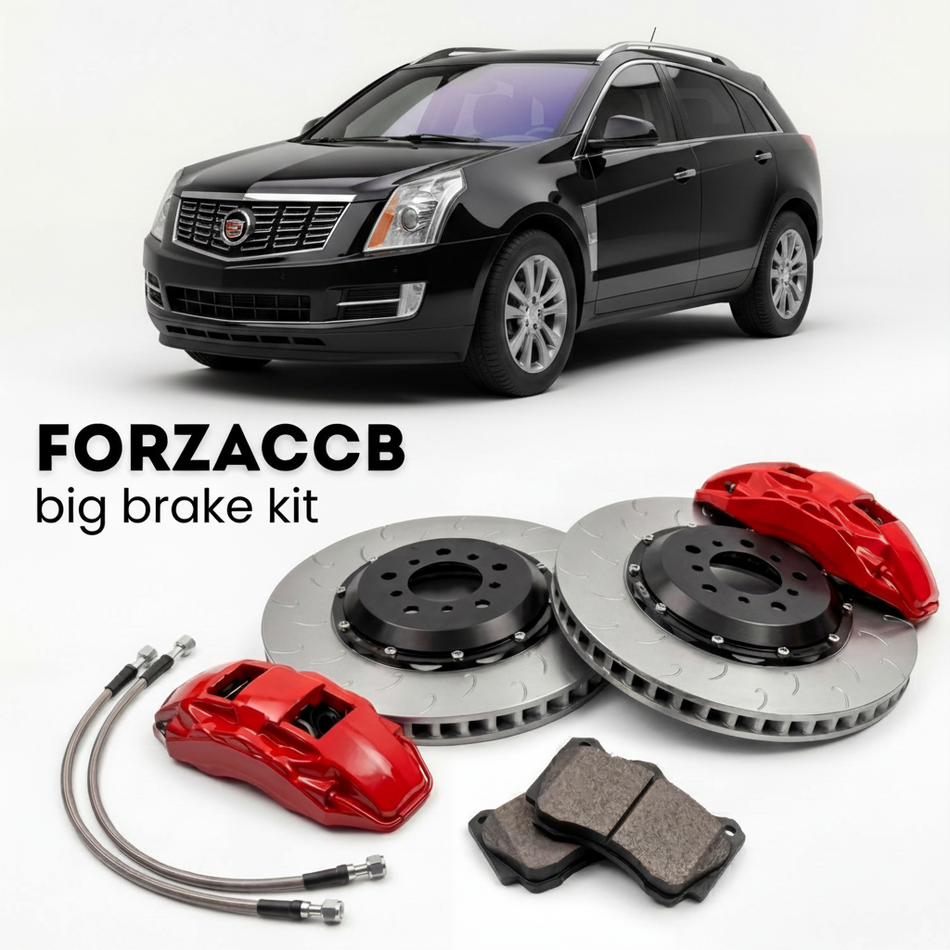 Black Cadillac SRX facelift, 2013) (2013-2016 (II) shown above a ForzaCCB iron rotor big brake kit with 2x red 6-piston front calipers, 2x two-piece floating ventilated brake discs 380 mm, set of brake pads, and brake lines.