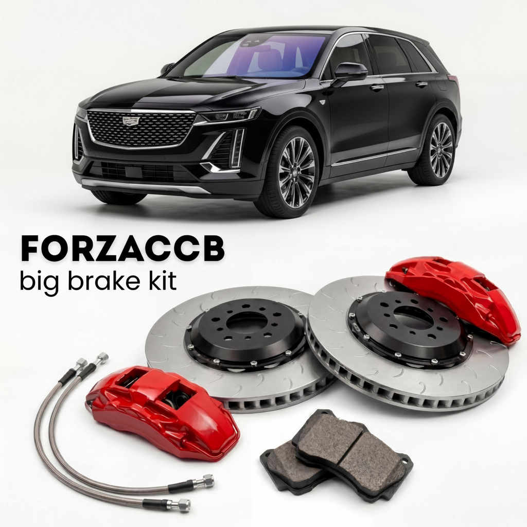 Black Cadillac VISTIQ (2025+) shown above a ForzaCCB iron rotor big brake kit with 2x red 6-piston front calipers, 2x two-piece floating ventilated brake discs 380 mm, set of brake pads, and brake lines.