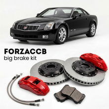 Black Cadillac XLR (2005-2009) shown above a ForzaCCB iron rotor big brake kit with 2x red 6-piston front calipers, 2x two-piece floating ventilated brake discs 380 mm, set of brake pads, and brake lines.