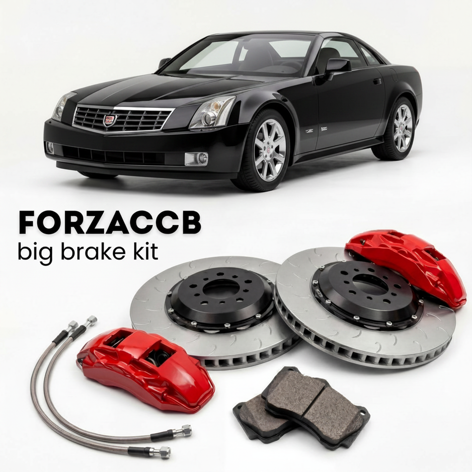 Black Cadillac XLR (2005-2009) shown above a ForzaCCB iron rotor big brake kit with 2x red 6-piston front calipers, 2x two-piece floating ventilated brake discs 380 mm, set of brake pads, and brake lines.