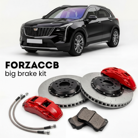 Black Cadillac XT4 facelift 2024) (2023+ (I) shown above a ForzaCCB iron rotor big brake kit with 2x red 6-piston front calipers, 2x two-piece floating ventilated brake discs 380 mm, set of brake pads, and brake lines.