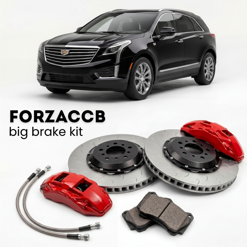 Black Cadillac XT5 facelift 2020 (2020+) shown above a ForzaCCB iron rotor big brake kit with 2x red 6-piston front calipers, 2x two-piece floating ventilated brake discs 380 mm, set of brake pads, and brake lines.