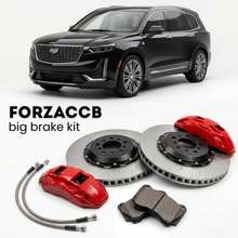 Black Cadillac XT6 (2019+) shown above a ForzaCCB iron rotor big brake kit with 2x red 6-piston front calipers, 2x two-piece floating ventilated brake discs 380 mm, set of brake pads, and brake lines.