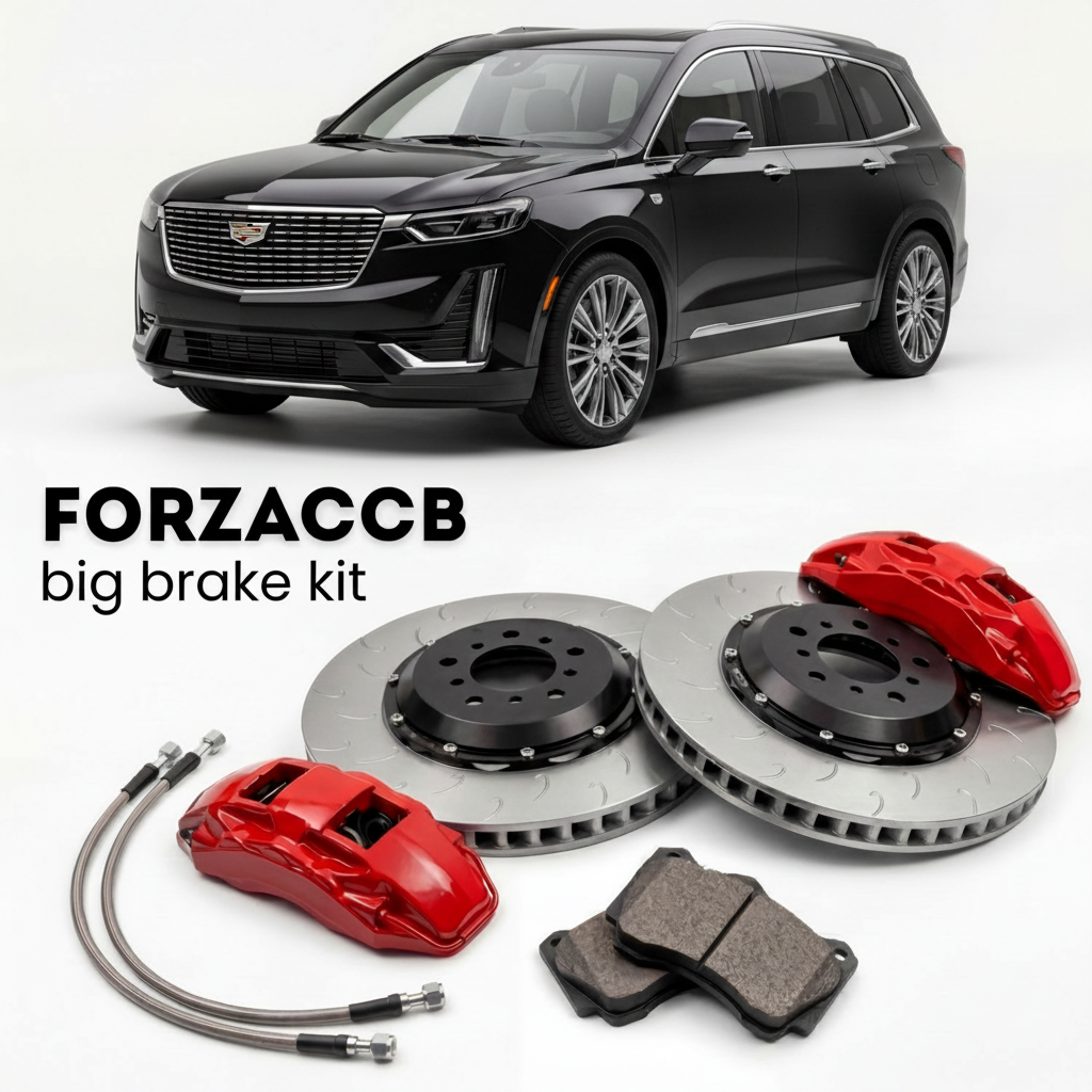 Black Cadillac XT6 (2019+) shown above a ForzaCCB iron rotor big brake kit with 2x red 6-piston front calipers, 2x two-piece floating ventilated brake discs 380 mm, set of brake pads, and brake lines.