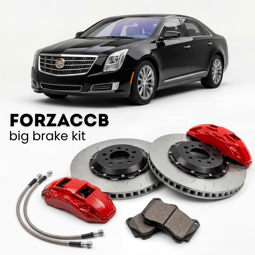 Black Cadillac XTS (2012-2017) shown above a ForzaCCB iron rotor big brake kit with 2x red 6-piston front calipers, 2x two-piece floating ventilated brake discs 380 mm, set of brake pads, and brake lines.