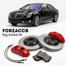 Black Cadillac XTS facelift 2017 (2017-2020) shown above a ForzaCCB iron rotor big brake kit with 2x red 6-piston front calipers, 2x two-piece floating ventilated brake discs 380 mm, set of brake pads, and brake lines.