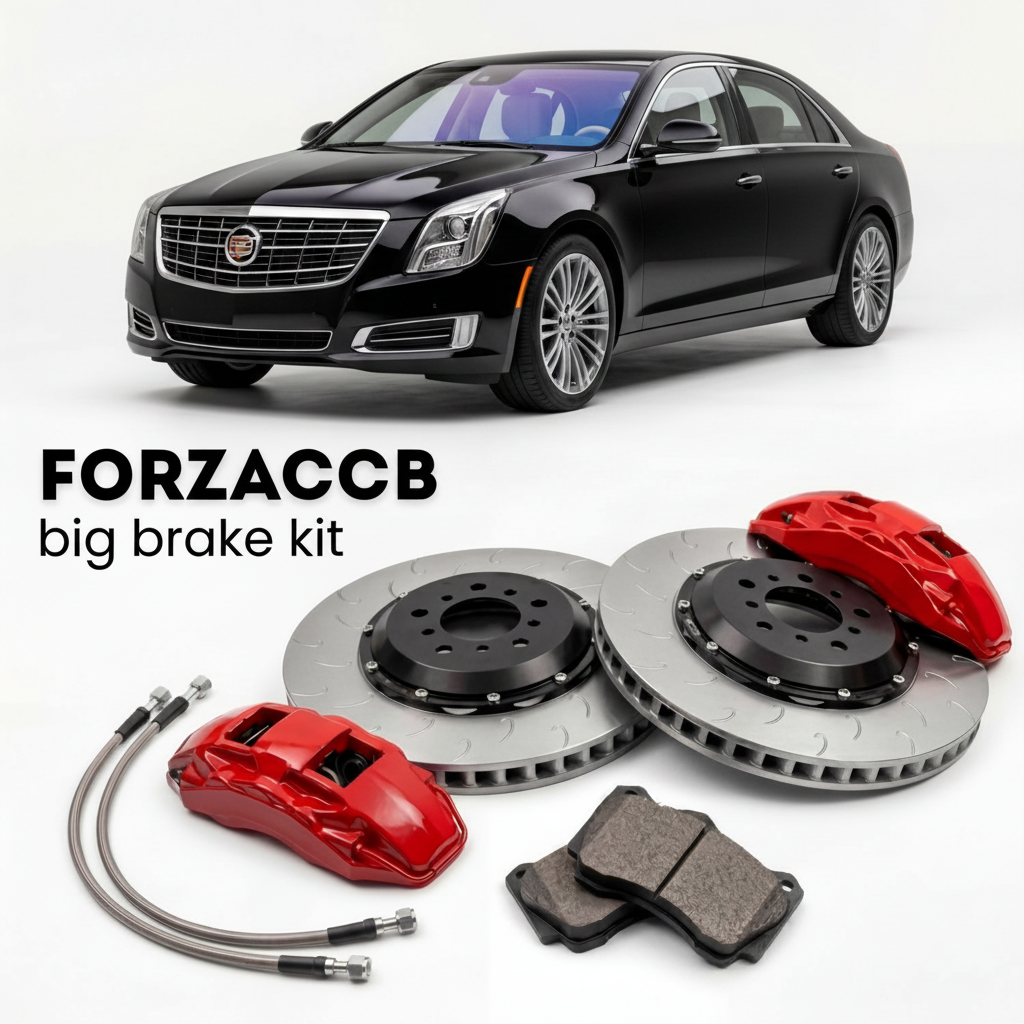 Black Cadillac XTS facelift 2017 (2017-2020) shown above a ForzaCCB iron rotor big brake kit with 2x red 6-piston front calipers, 2x two-piece floating ventilated brake discs 380 mm, set of brake pads, and brake lines.