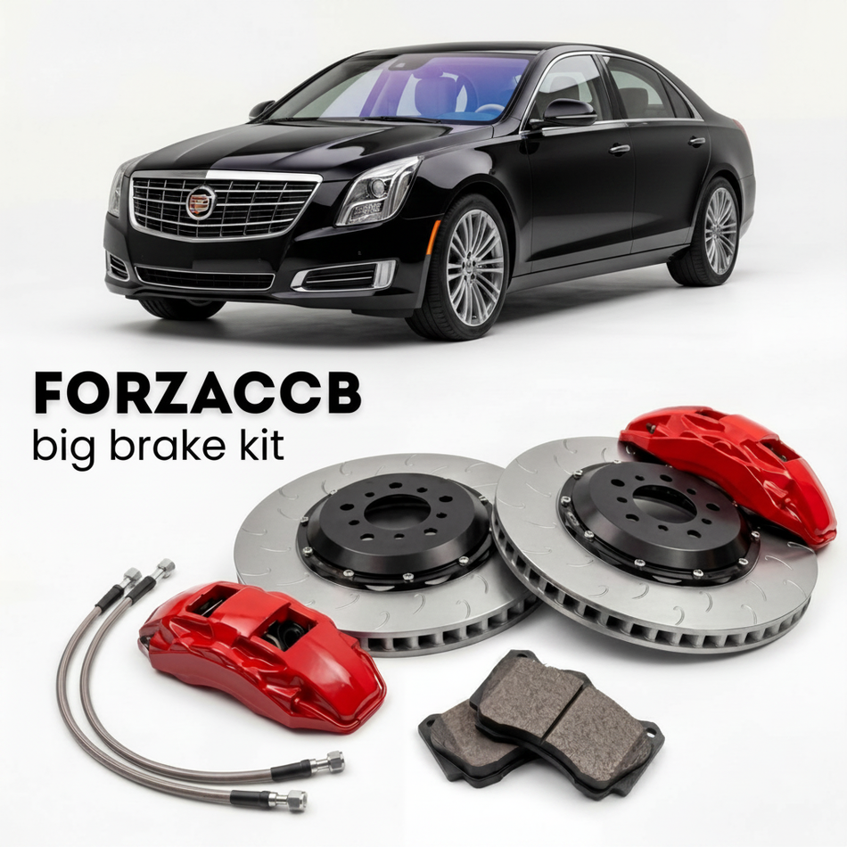 Black Cadillac XTS facelift 2017 (2017-2020) shown above a ForzaCCB iron rotor big brake kit with 2x red 6-piston front calipers, 2x two-piece floating ventilated brake discs 380 mm, set of brake pads, and brake lines.