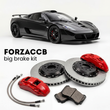 Black Caparo T1 (2007-2012) shown above a ForzaCCB iron rotor big brake kit with 2x red 6-piston front calipers, 2x two-piece floating ventilated brake discs 380 mm, set of brake pads, and brake lines.