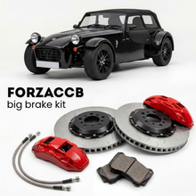 Black Caterham Seven (2000-2026) shown above a ForzaCCB iron rotor big brake kit with 2x red 6-piston front calipers, 2x two-piece floating ventilated brake discs 380 mm, set of brake pads, and brake lines.