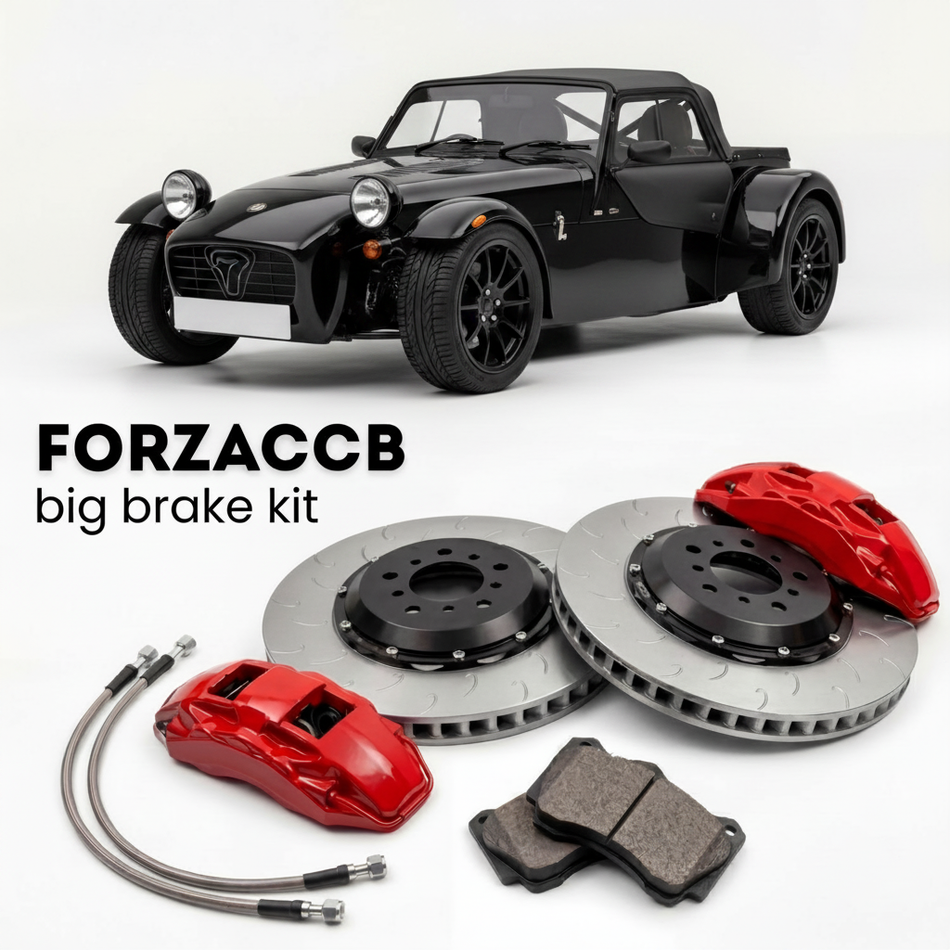 Black Caterham Seven CSR (2005-2026) shown above a ForzaCCB iron rotor big brake kit with 2x red 6-piston front calipers, 2x two-piece floating ventilated brake discs 380 mm, set of brake pads, and brake lines.